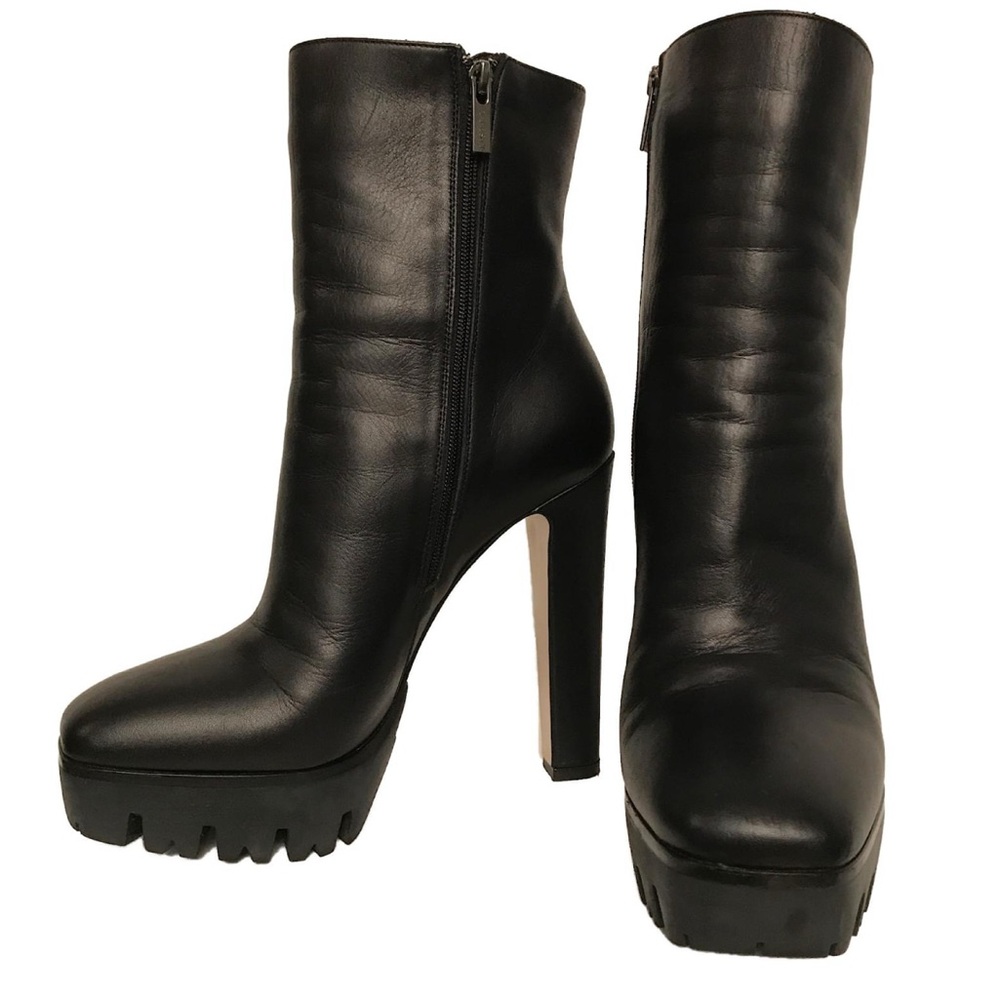 Le Silla Black Leather Mid Calf Square Toe Platform Boots Size 41